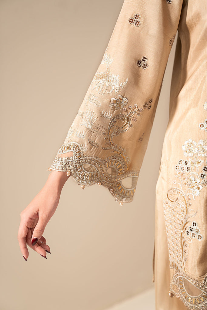 Maria.B Beige Raw Silk Embroidered 3 Piece Suit