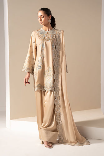 Maria.B Beige Raw Silk Embroidered 3 Piece Suit