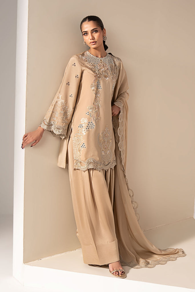 Maria.B Beige Raw Silk Embroidered 3 Piece Suit