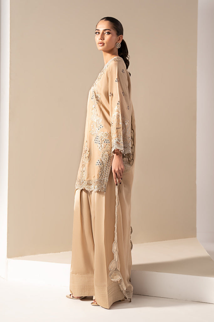 Maria.B Beige Raw Silk Embroidered 3 Piece Suit