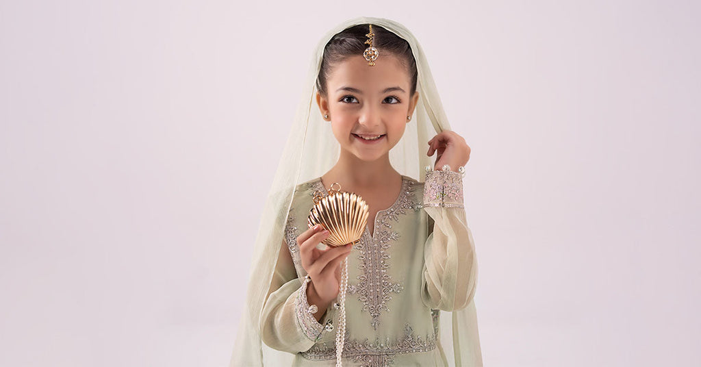 Kids 3 Piece Embroidered Organza Suit - Mint Green