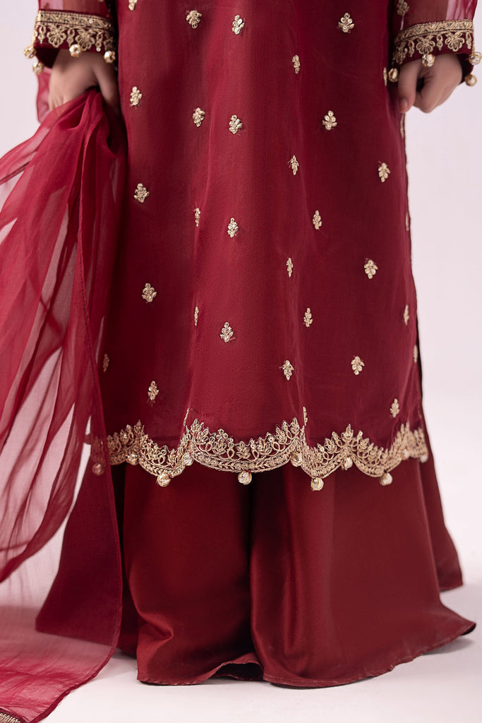 Maroon 3 Piece Embroidered Organza Suit