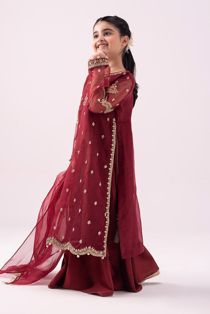 Maroon 3 Piece Embroidered Organza Suit