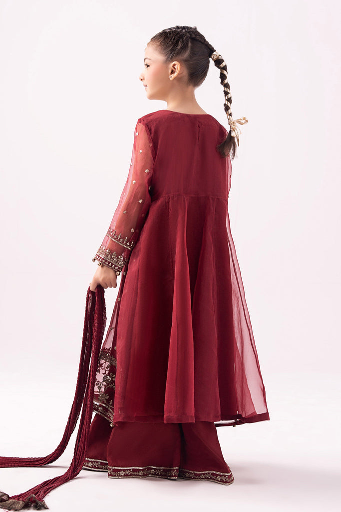 Maroon 3 Piece Embroidered Organza Suit for Girls