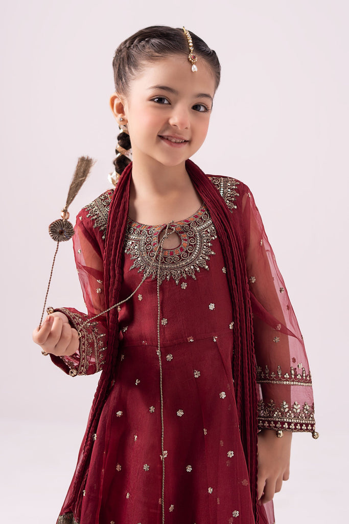 Maroon 3 Piece Embroidered Organza Suit for Girls