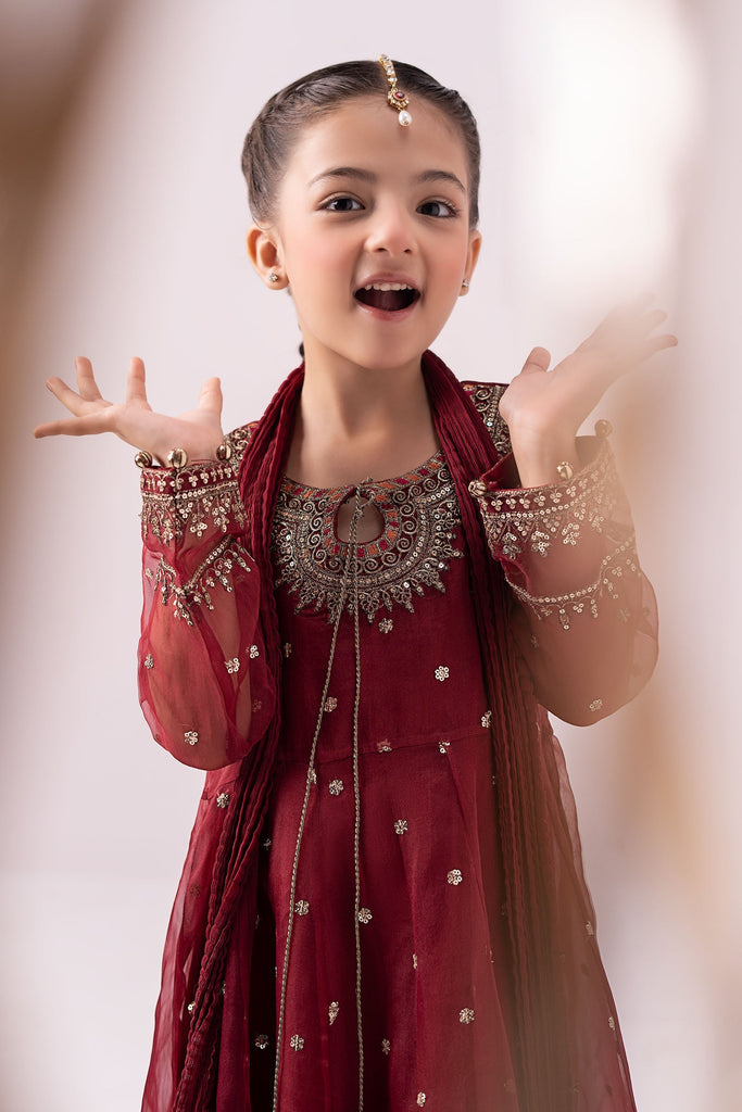 Maroon 3 Piece Embroidered Organza Suit for Girls