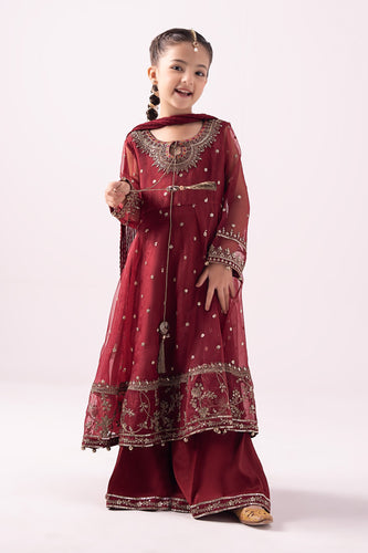 Maroon 3 Piece Embroidered Organza Suit for Girls