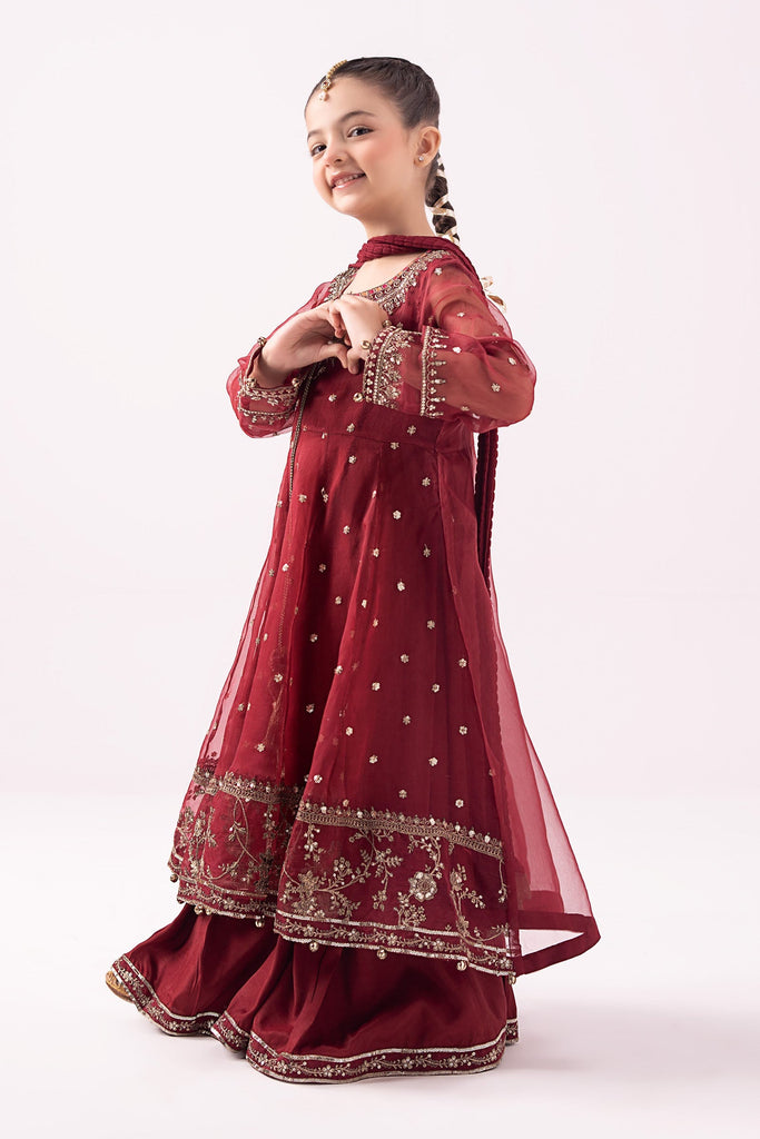 Maroon 3 Piece Embroidered Organza Suit for Girls