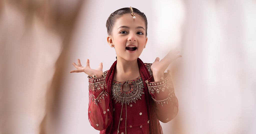 Maroon 3 Piece Embroidered Organza Suit for Girls
