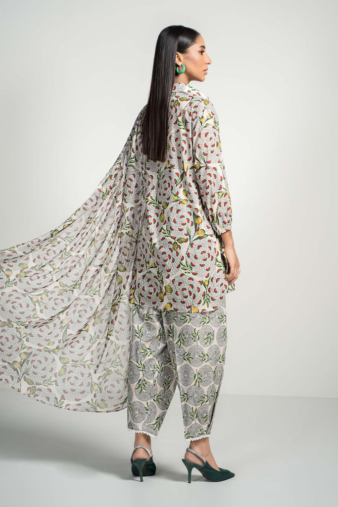3 Piece Printed Lawn Suit in Beige