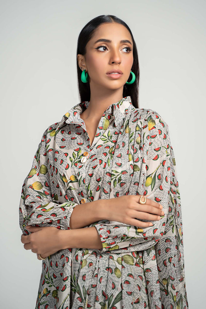 3 Piece Printed Lawn Suit in Beige