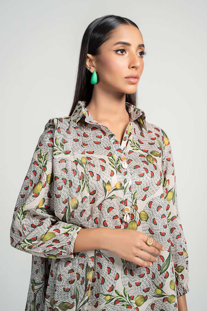 3 Piece Printed Lawn Suit in Beige