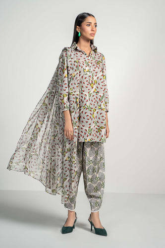 3 Piece Printed Lawn Suit in Beige