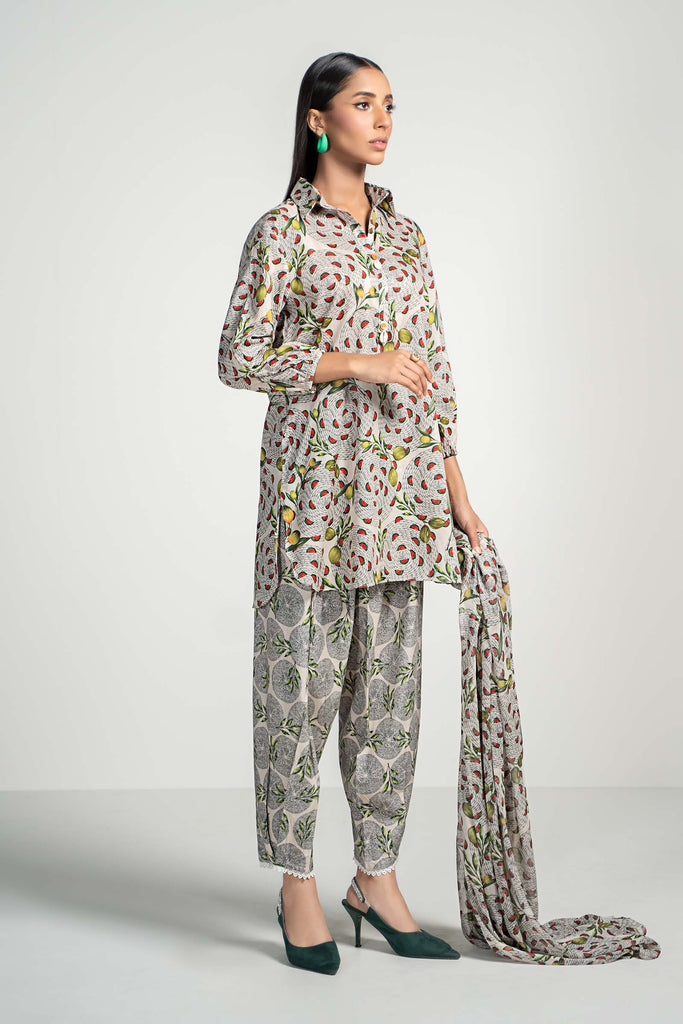 3 Piece Printed Lawn Suit in Beige
