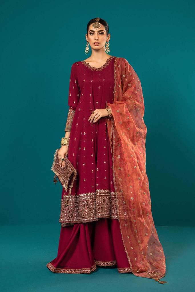 Maroon 3 Piece Embroidered Raw Silk Suit
