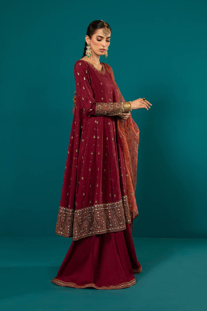 Maroon 3 Piece Embroidered Raw Silk Suit