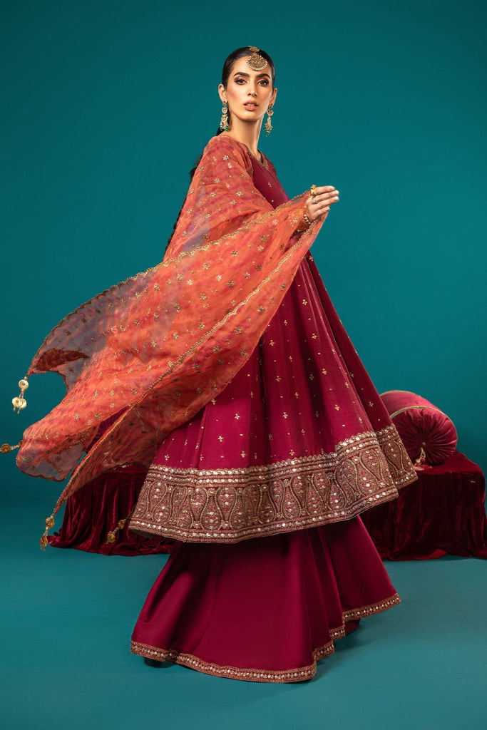 Maroon 3 Piece Embroidered Raw Silk Suit