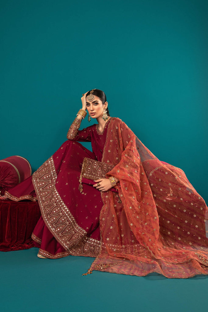 Maroon 3 Piece Embroidered Raw Silk Suit