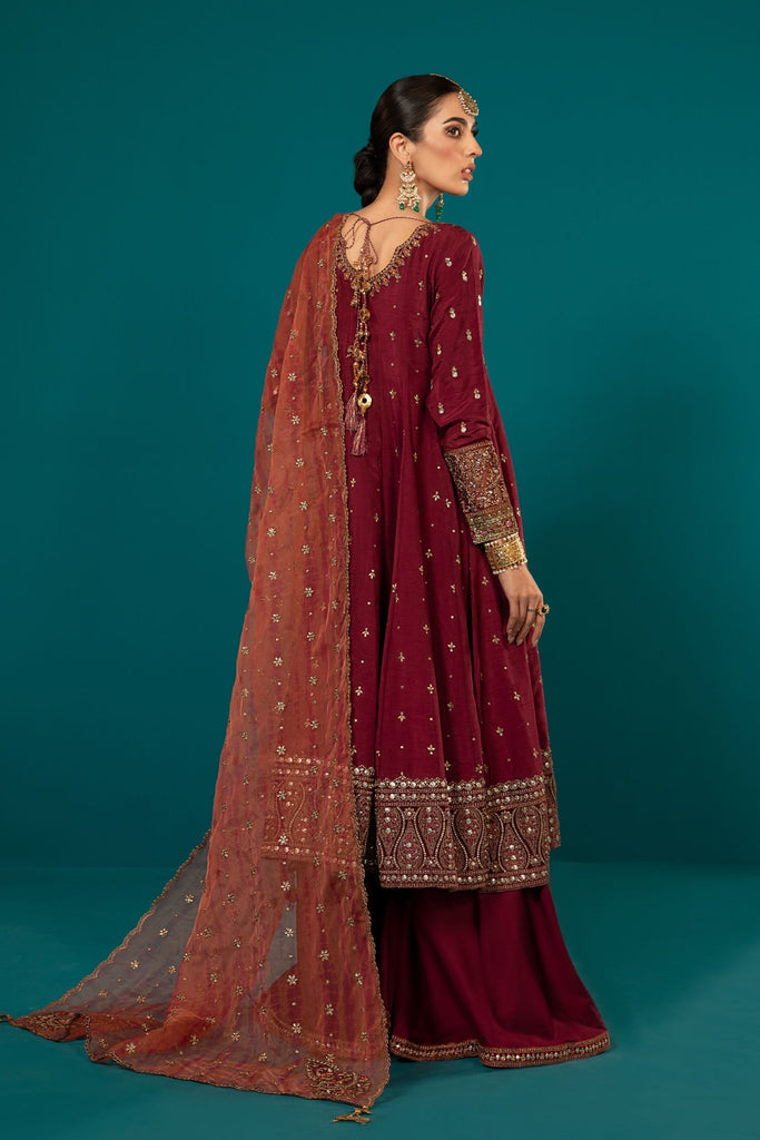 Maroon 3 Piece Embroidered Raw Silk Suit