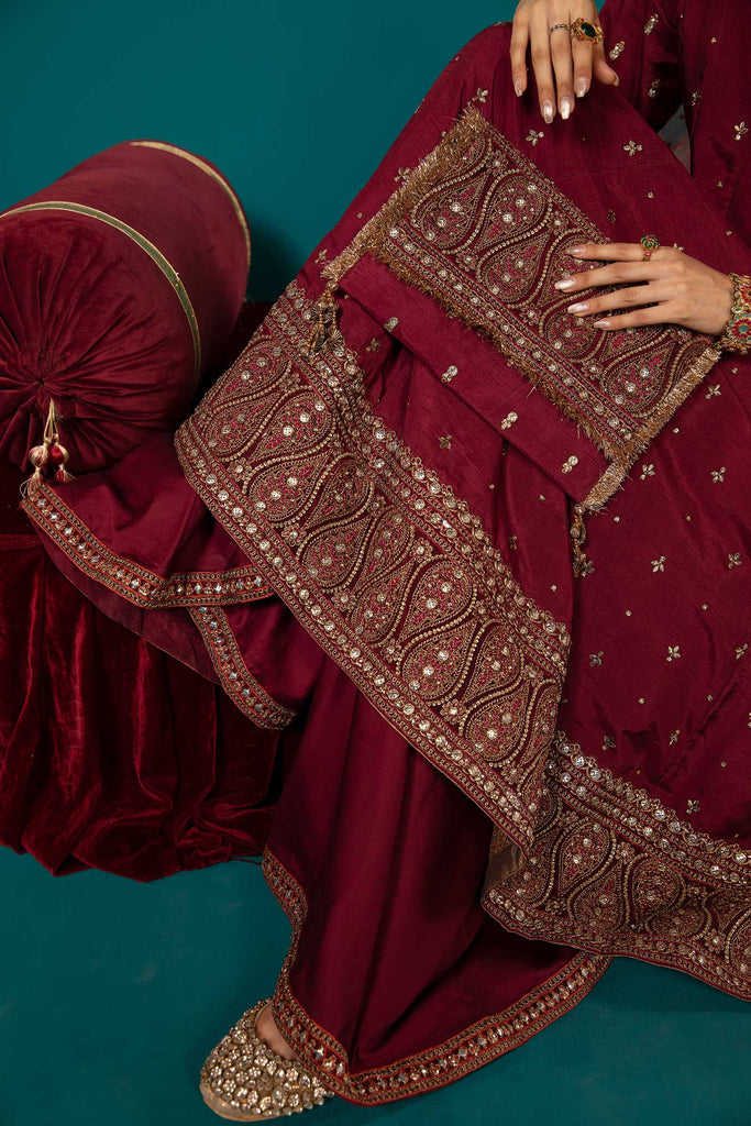 Maroon 3 Piece Embroidered Raw Silk Suit
