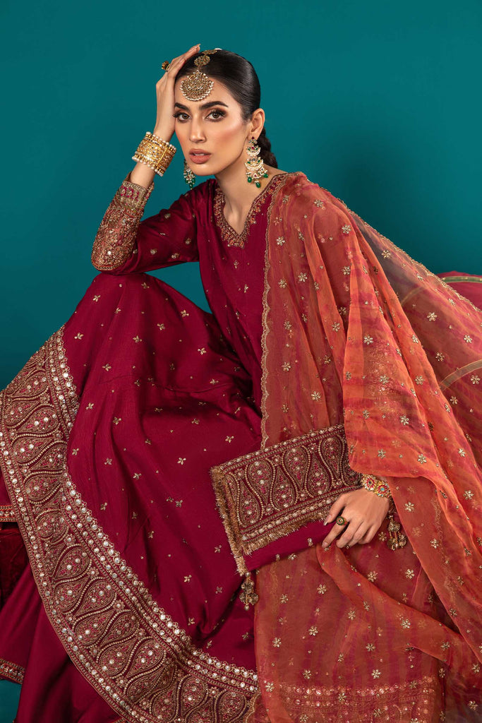 Maroon 3 Piece Embroidered Raw Silk Suit
