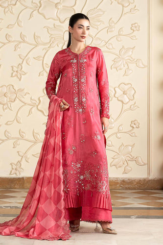 3 Piece Embroidered Tissue Silk Suit with Pearl Tassel Border - Pink