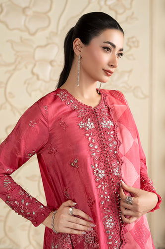 3 Piece Embroidered Tissue Silk Suit with Pearl Tassel Border - Pink