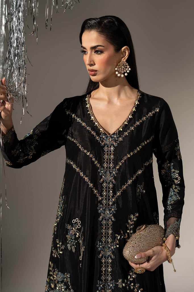 2 Piece Embroidered Tissue Silk Suit in Black