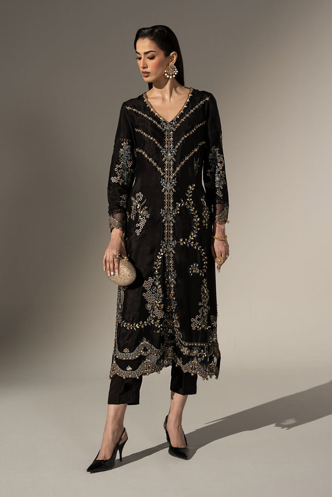 2 Piece Embroidered Tissue Silk Suit in Black