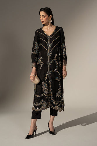 2 Piece Embroidered Tissue Silk Suit in Black