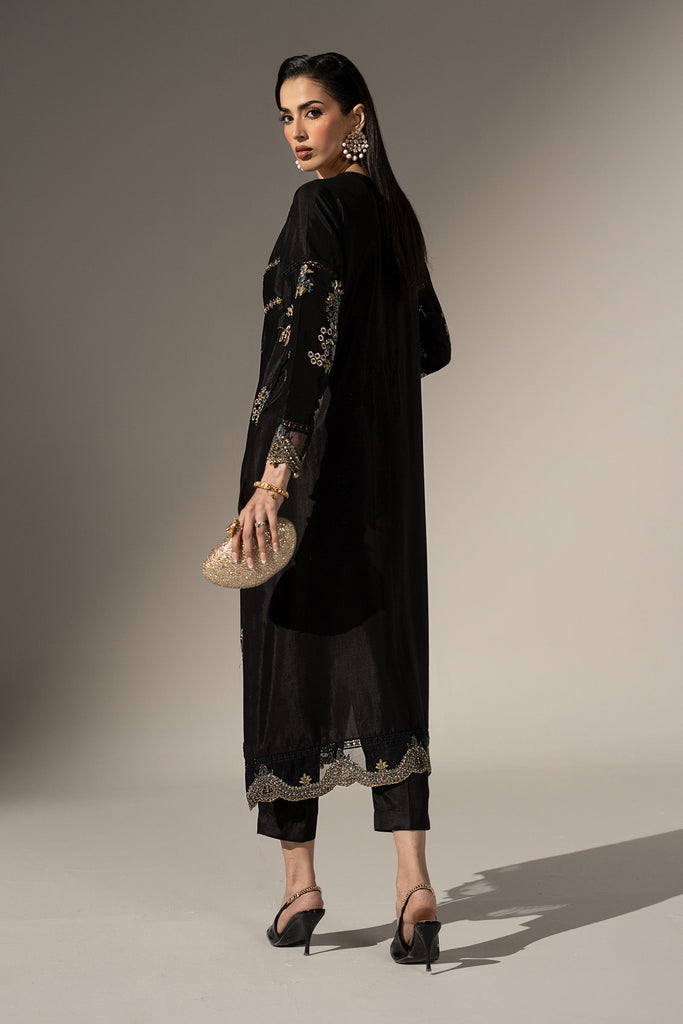 2 Piece Embroidered Tissue Silk Suit in Black