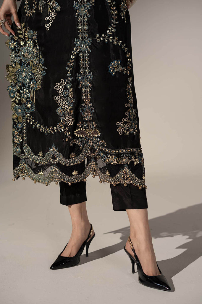 2 Piece Embroidered Tissue Silk Suit in Black