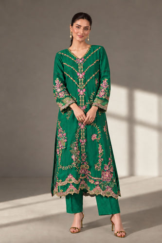 Green 2 Piece Embroidered Tissue Silk Suit