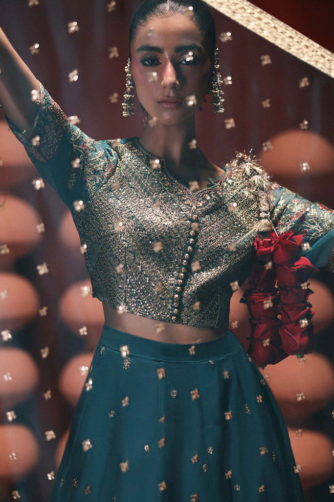 3 Piece Embroidered Lehenga Suit for Women – Teal