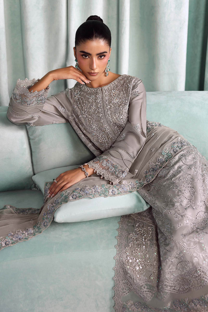 Embroidered Tissue Silk 3 Piece Suit – Grey