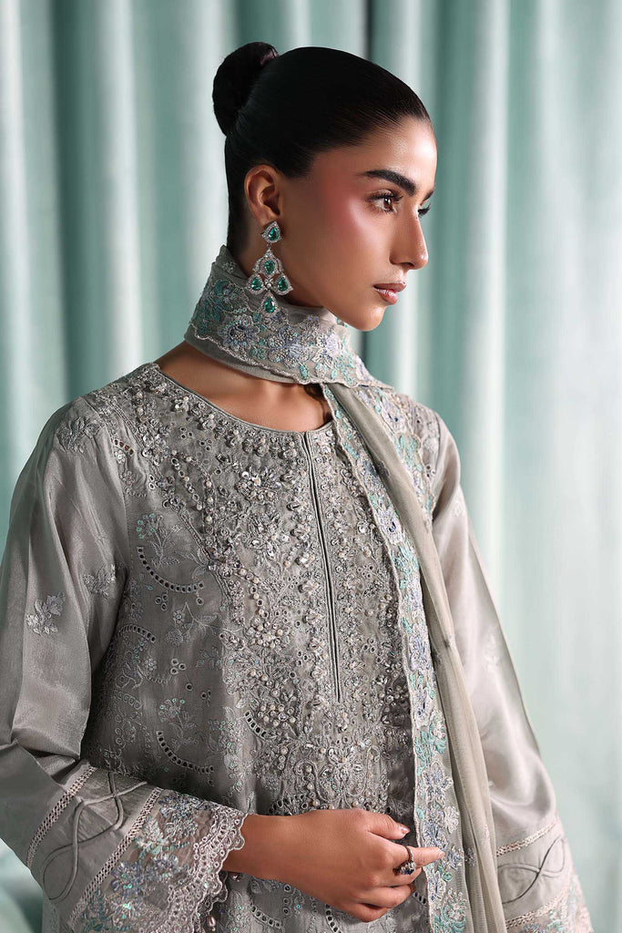 Embroidered Tissue Silk 3 Piece Suit – Grey