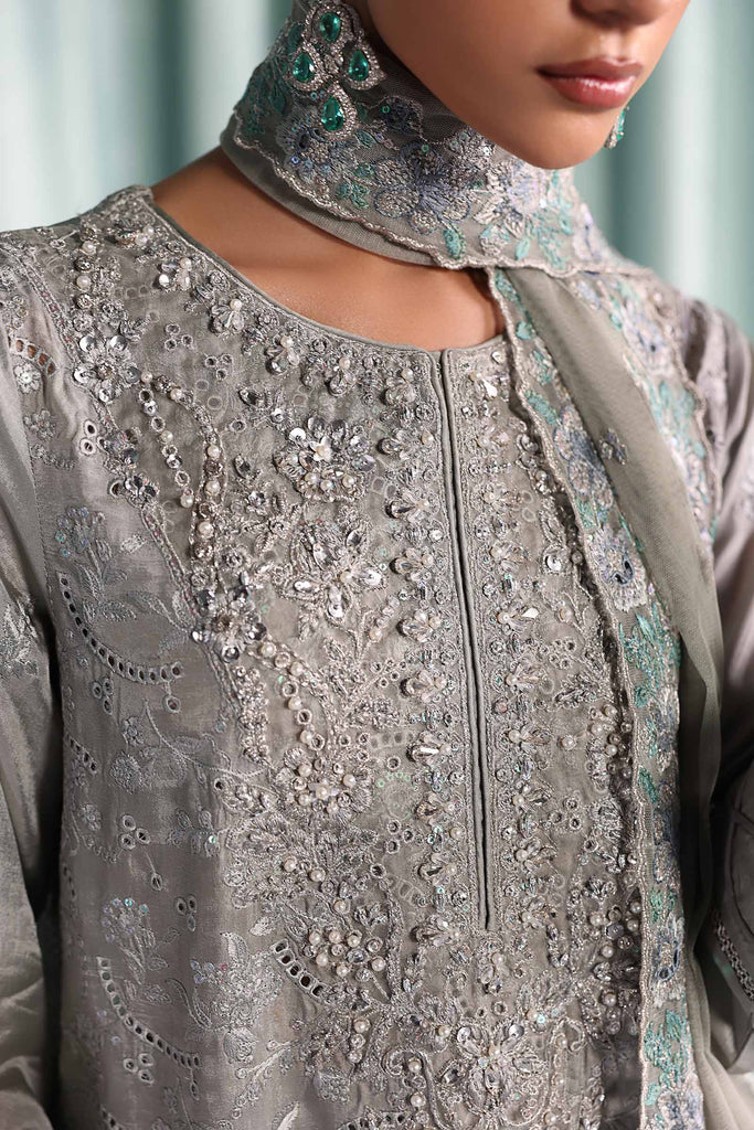 Embroidered Tissue Silk 3 Piece Suit – Grey