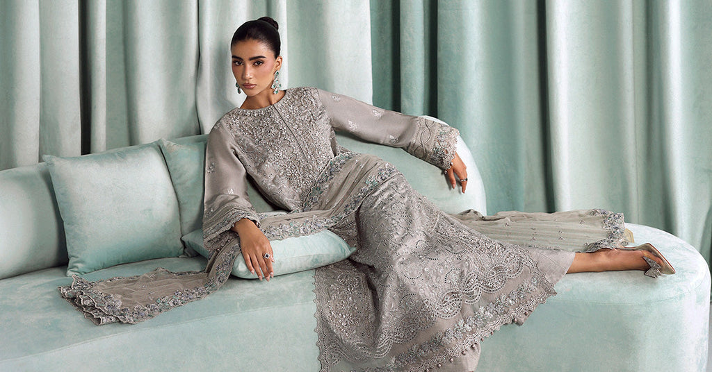 Embroidered Tissue Silk 3 Piece Suit – Grey