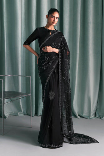 Embellished Chiffon Saree for Women – Black