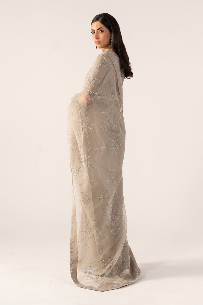 3 Piece Embellished Chiffon Saree – Grey