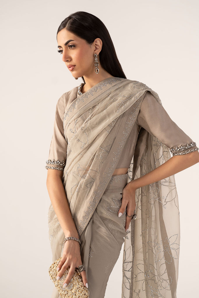 3 Piece Embellished Chiffon Saree – Grey
