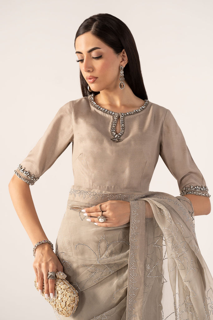 3 Piece Embellished Chiffon Saree – Grey