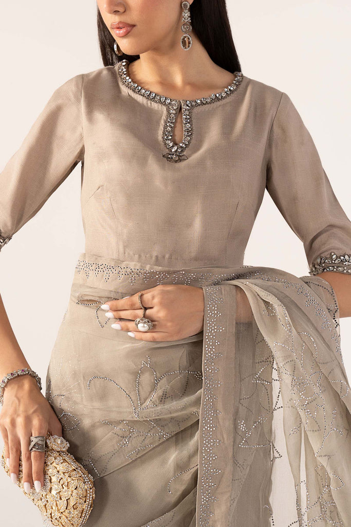 3 Piece Embellished Chiffon Saree – Grey