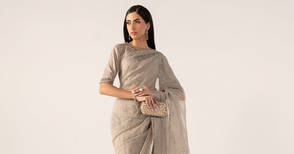 3 Piece Embellished Chiffon Saree – Grey