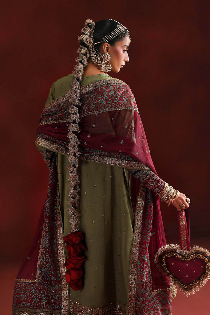 3 Piece Embroidered Raw Silk Angrakha Suit – Green