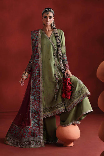 3 Piece Embroidered Raw Silk Angrakha Suit – Green