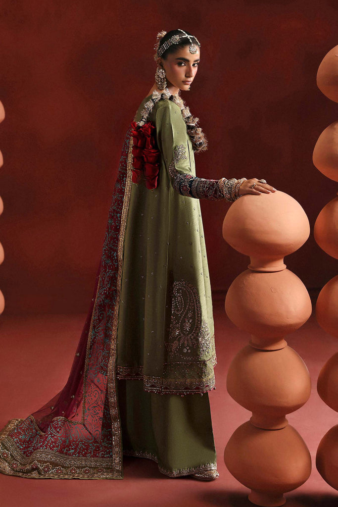 3 Piece Embroidered Raw Silk Angrakha Suit – Green