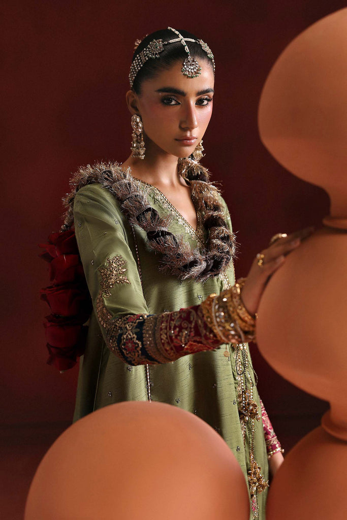 3 Piece Embroidered Raw Silk Angrakha Suit – Green