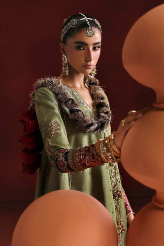 3 Piece Embroidered Raw Silk Angrakha Suit – Green