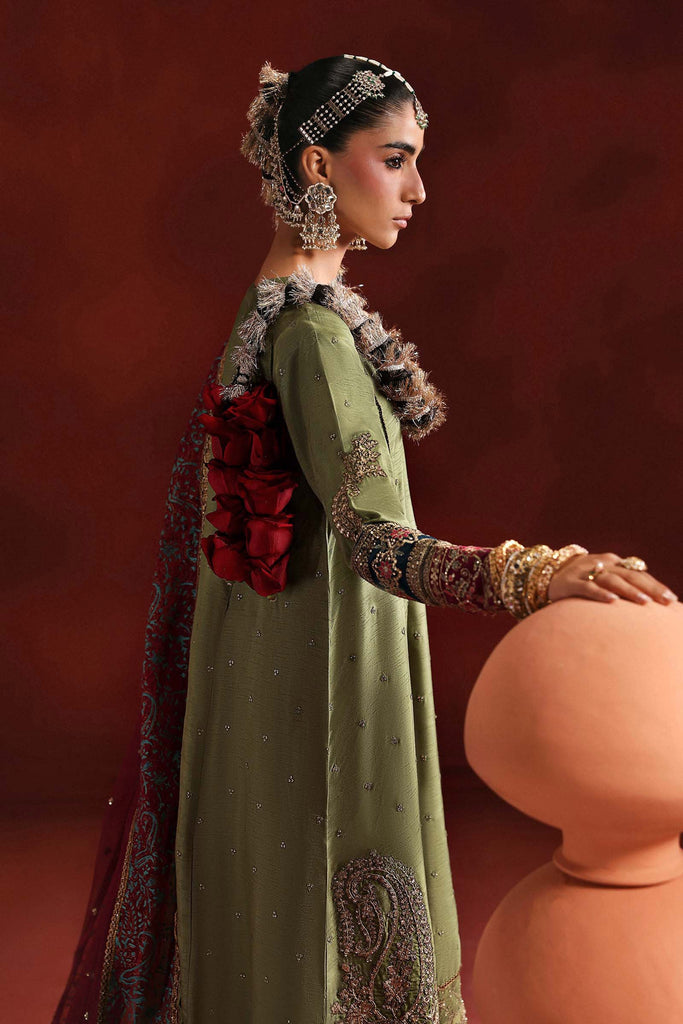 3 Piece Embroidered Raw Silk Angrakha Suit – Green